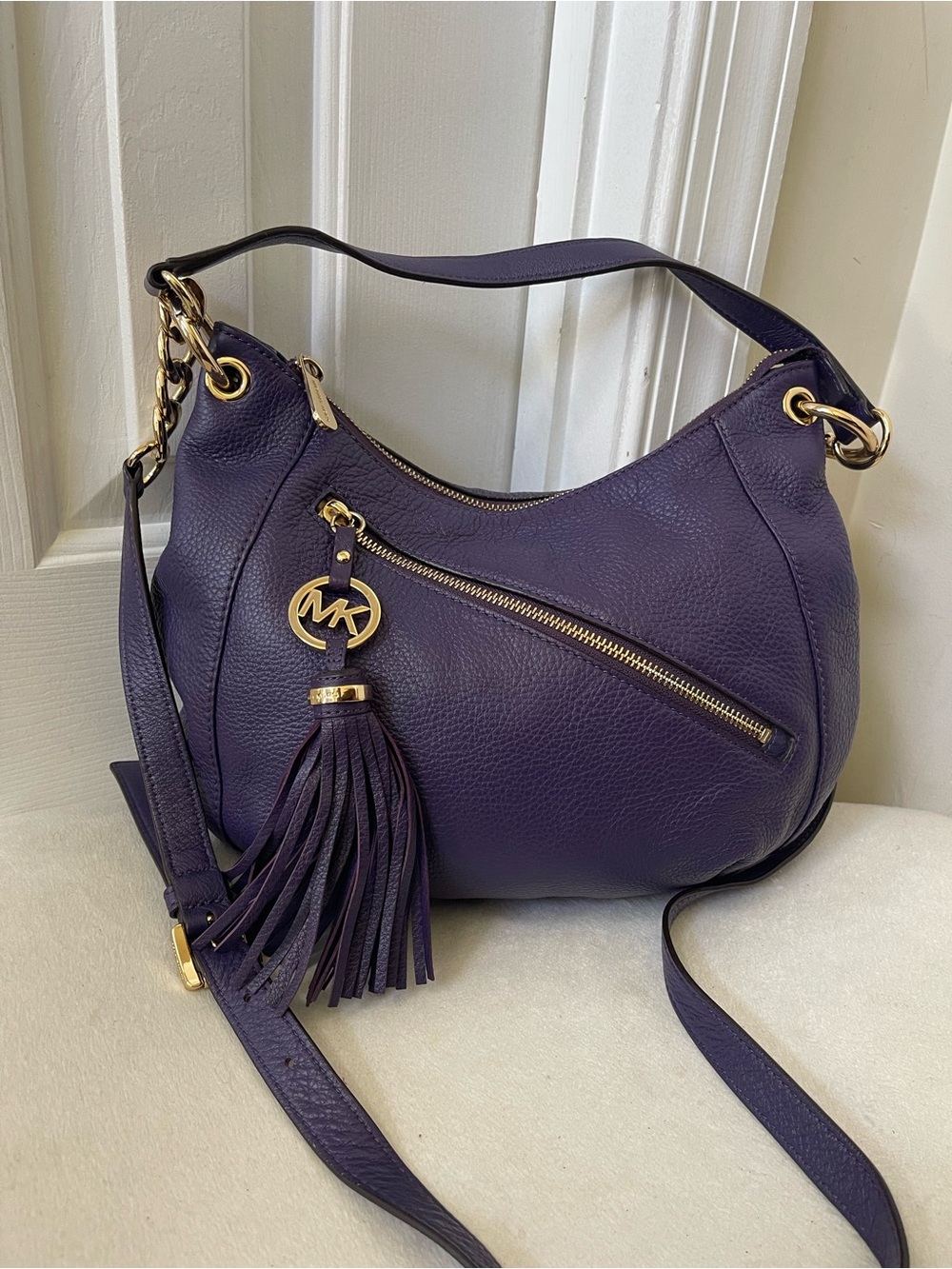 Michael Kors Deep Purple Leather Hobo with Tassel and Gold Hardware